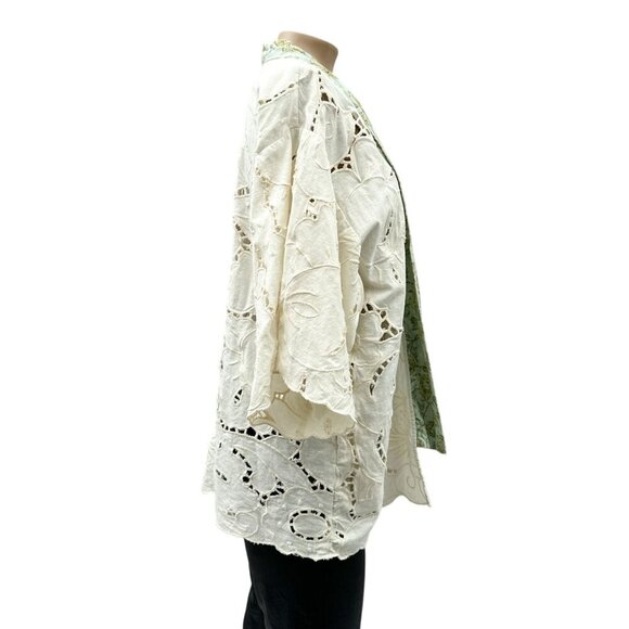 Anthropologie Floreat Boho Lace Kimono Laser Cut Linen Cotton White Green‎ OS - Picture 11 of 14